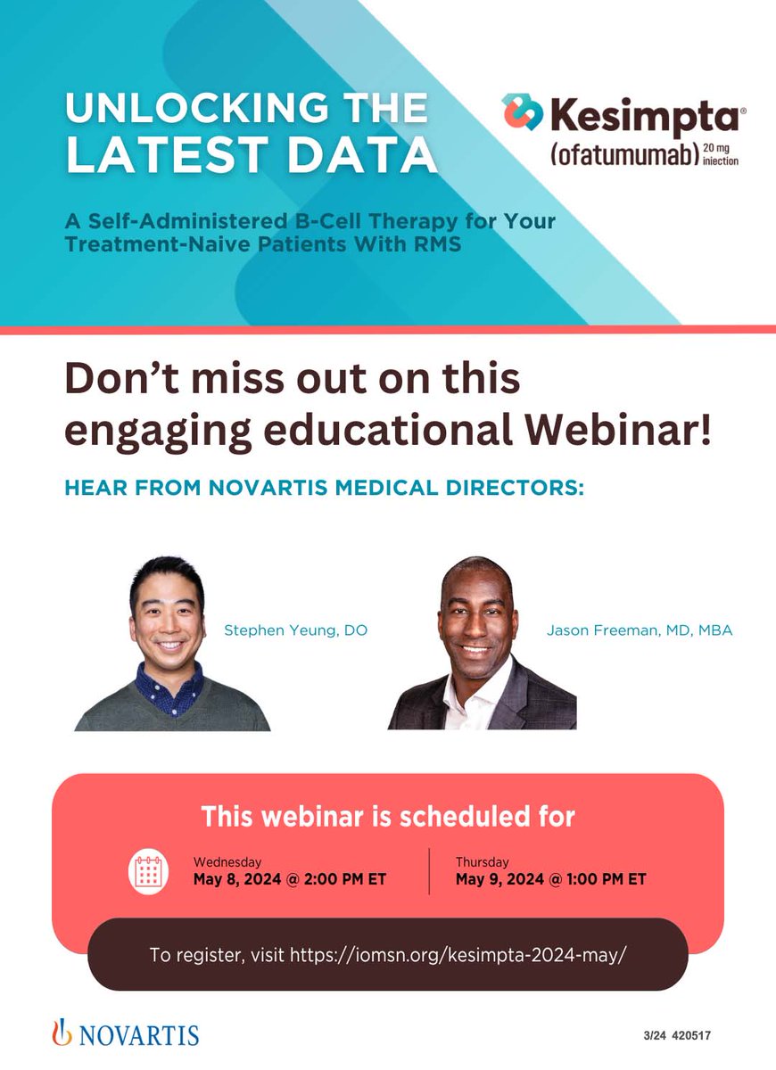 Are you interested in learning more about the latest KESIMPTA data with your peers? Join us for an informative KESIMPTA webinar by Stephen Yeung, DO and Jason Freeman, MD, MBA! Schedule: May 8 @ 2:00 PM ET May 9 @ 1:00 PM ET @iamIOMSN Register below: iomsn.org/kesimpta-2024-…