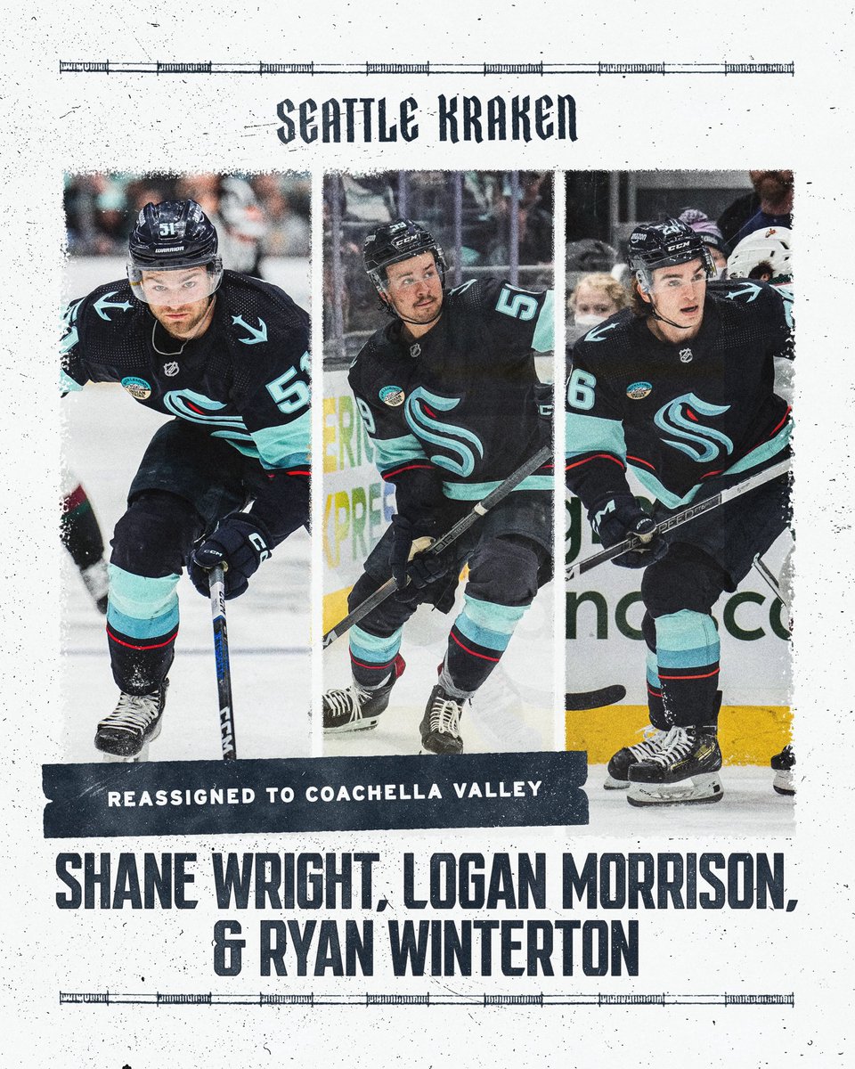 The #SeaKraken have reassigned forwards Shane Wright, Logan Morrison and Ryan Winterton to the Coachella Valley @Firebirds.