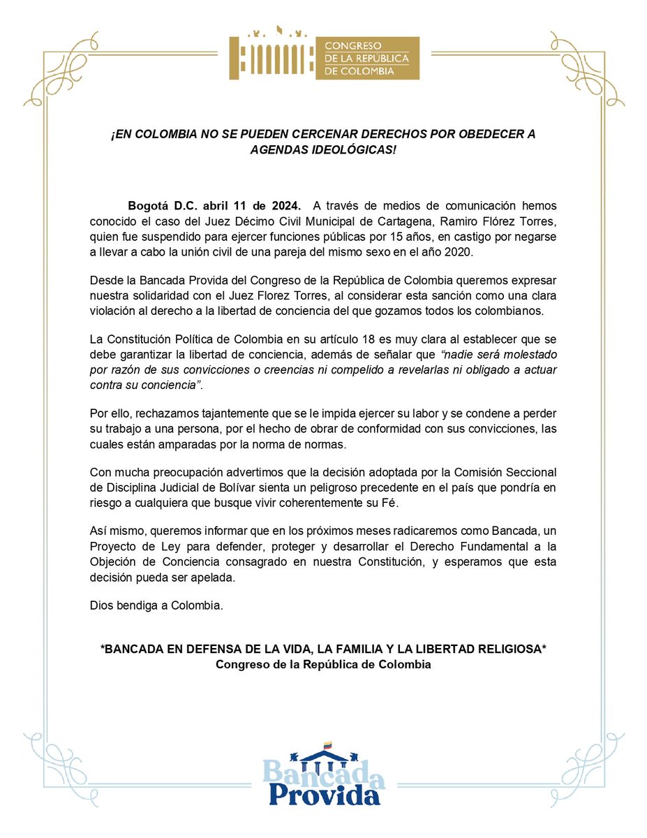 Como #BancadaProvida de <a href="/SenadoGovCo/">Senado de la República 🇨🇴</a>  y @camaracolombia hoy queremos pronunciarnos ante la sanción que recibió el Juez Ramiro Flórez, por obrar conforme a sus convicciones amparadas por la Constitución

#BancadaProvida #LibertadDeConciencia