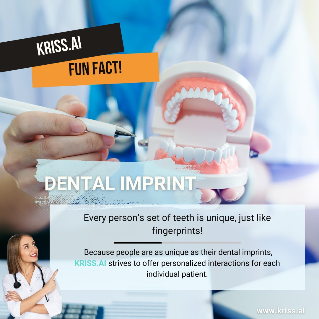 Unlocking dental mysteries! Did you know? Each person's teeth are as unique as their fingerprints! Discover more intriguing facts with KRISS.AI! 

#krissai #dentachatbot #FunFact #DentalHealth #dentalAI #dentistry #DentalFacts