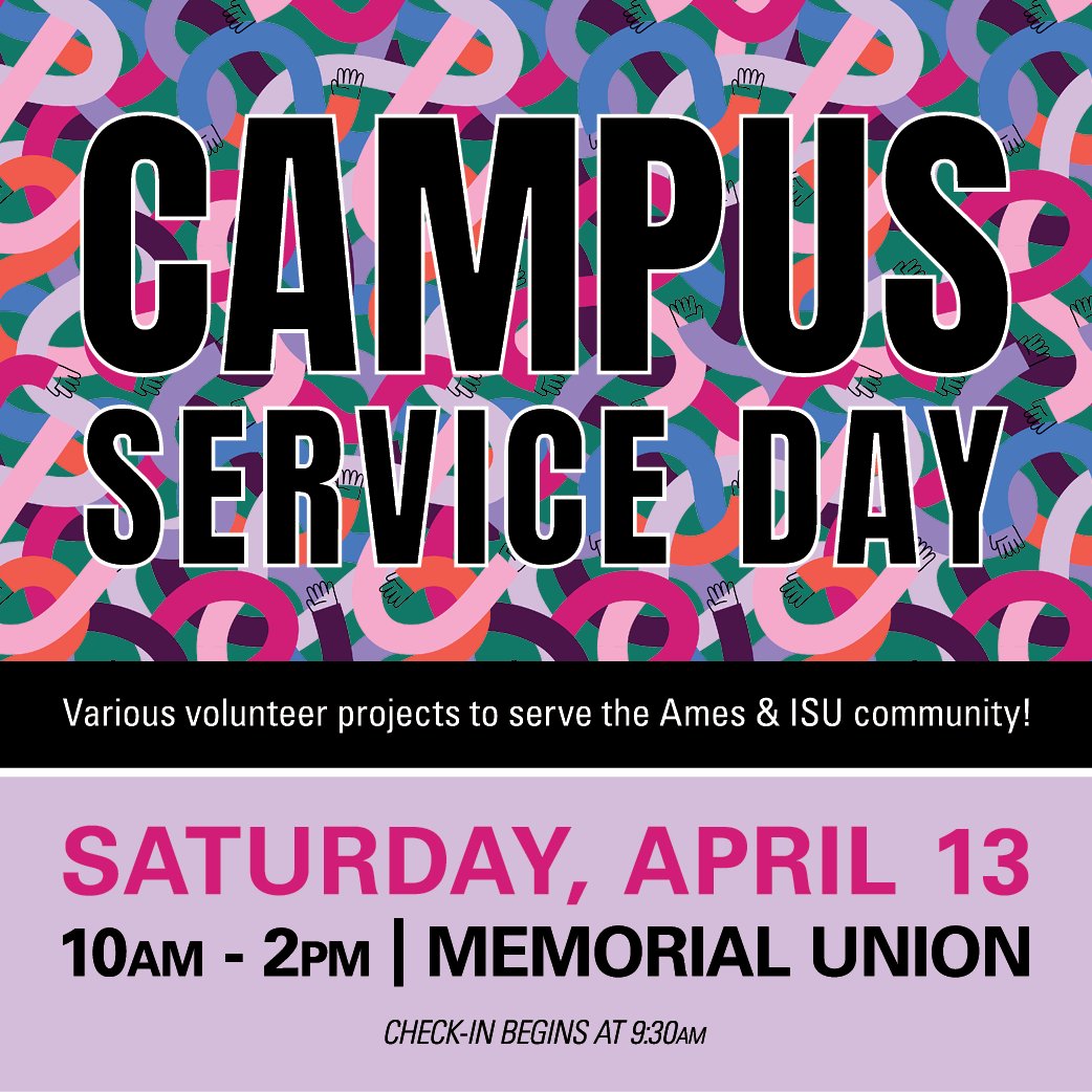 Tomorrow, April 13 is Campus Service Day - a day dedicated to volunteer projects to serve the Ames & ISU community! The following projects are being offered: - Letters of Love💌 - College Creek Clean Up🗑️ ♻️ - Coloring Kits & more!🎨 Check the link in our bio to sign up!