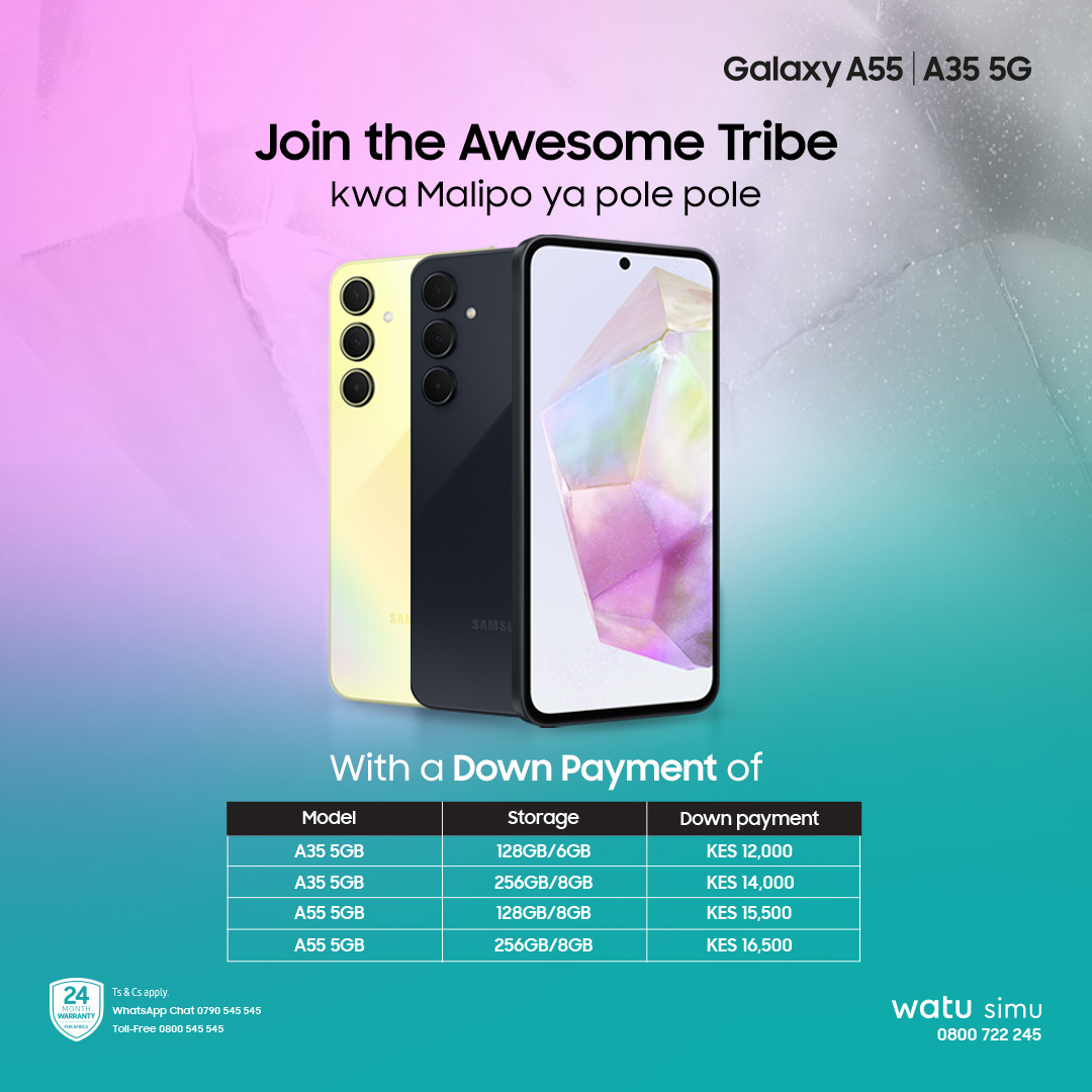 Join the Awesome Tribe!🥳 Buy the new #GalaxyA55 or #GalaxyA35 5G easily with @WatuSimu today, in any Samsung authorized dealer store. Make a down payment and pay the balance in installments. Learn More: spr.ly/6012wQ8i0 Ts & Cs apply. #AwesomeIsForEveryone