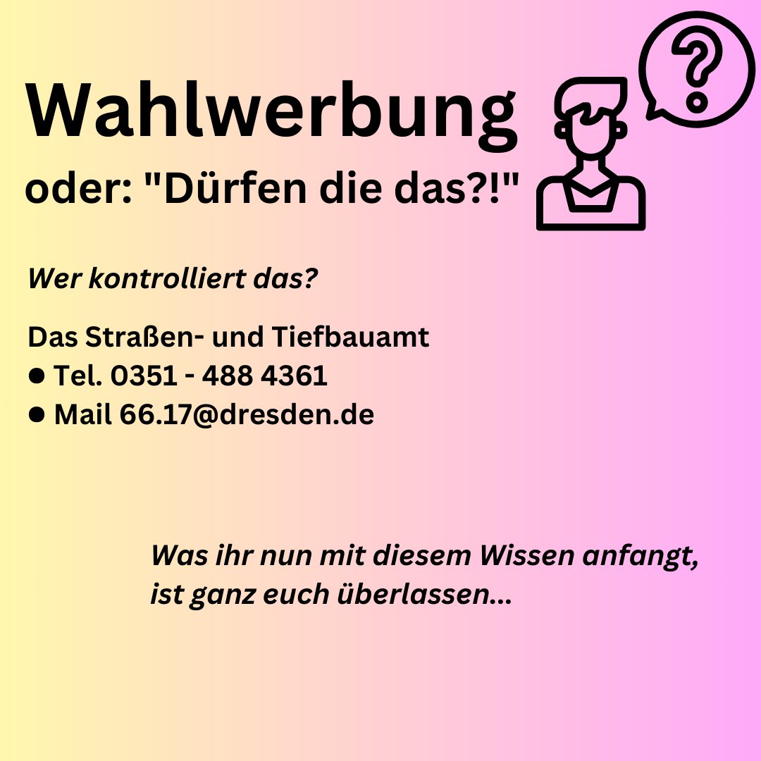 Wenn man durch die Straßen läuft, sieht man sehr schnell: Bald sind Wahlen. Überall hängen plötzlich Plakate.

Und während du am x-ten Plakat vorbeiläufst, hast du dir vielleicht auch die Frage gestellt:

'Dürfen die das eigentlich?!' 🧐

#Dresden #StaDDrat #Wahlwerbung