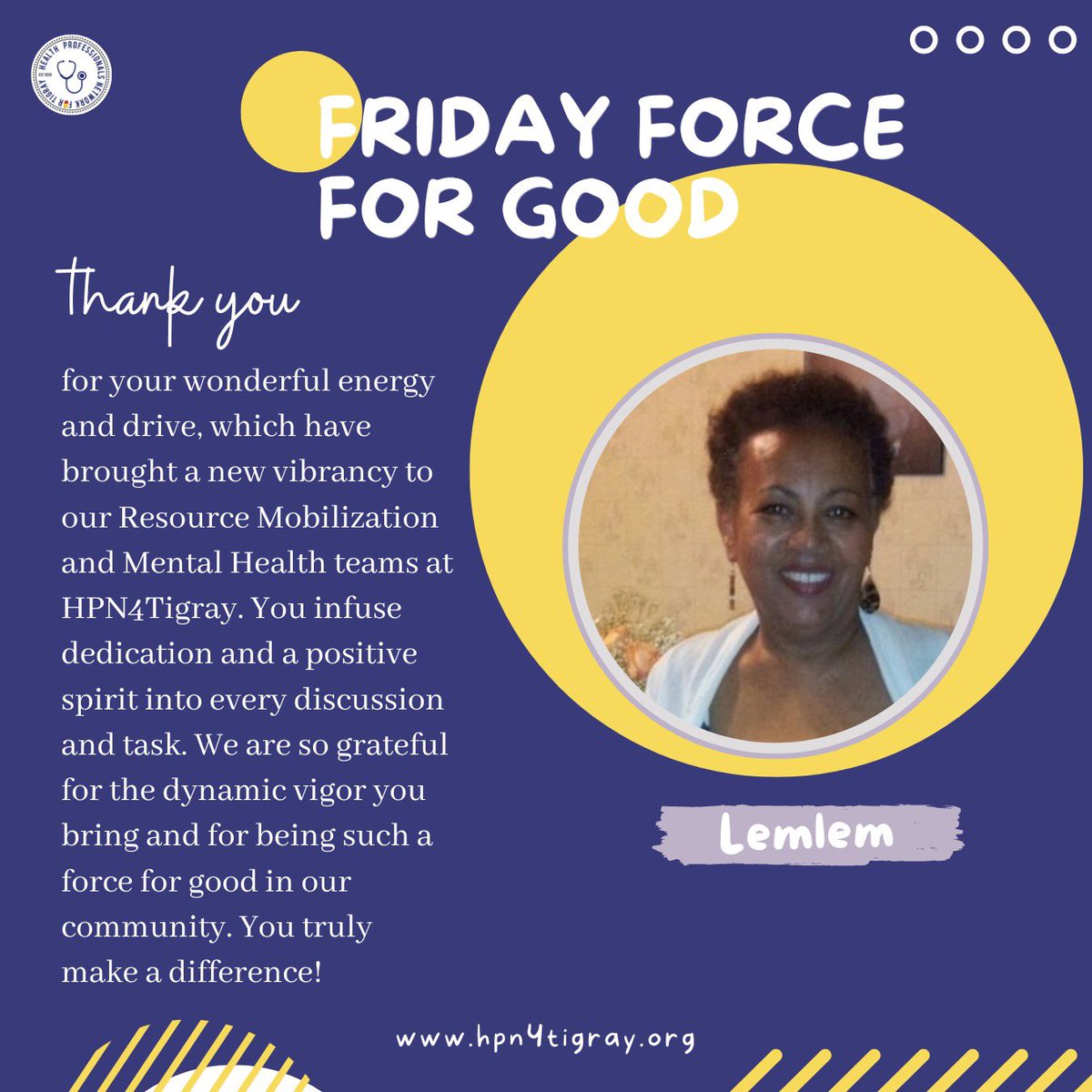 🌟 Today, we celebrate Lemlem as our #FridayForce4Good at #HPN4Tigray! 🎉 As a member of our Resource Mobilization as well as Mental Health teams, her dedication and uplifting spirit truly shines in everything she undertakes. Thank you, Lemlem haftena, for your positive impact!🙏🏾
