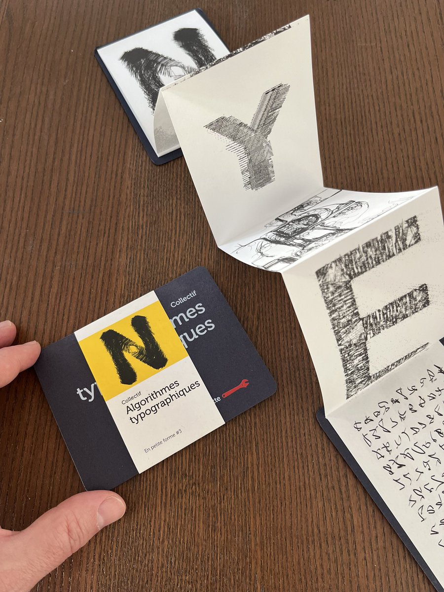 Julien Gachadoat (@v3ga) on Twitter photo Algorithmes typographiques • Leporello book published by La clé à molette • 2016 
The tiny book features 9 artists that used code to create original interpretation of glyphes. Algorithmes typographiques • Leporello book published by La clé à molette • 2016 
The tiny book features 9 artists that used code to create original interpretation of glyphes.