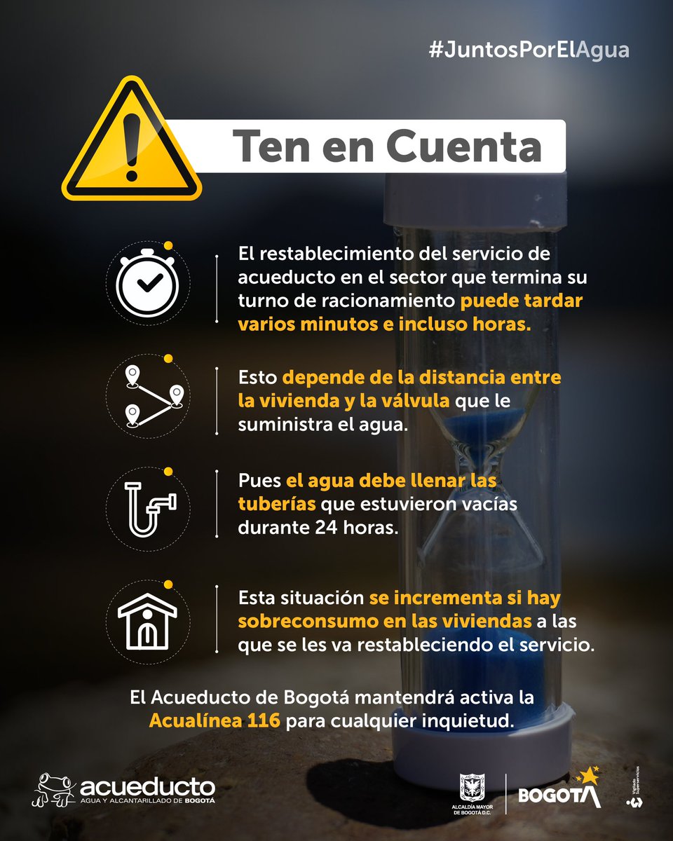 #JuntosPorElAgua | Conoce las recomendaciones durante la reactivación del servicio de agua, cumplido el turno de restricción: 1️⃣La normalización del servicio puede tomarse unas horas adicionales. 2️⃣ Se pueden presentar cambios de coloración sin afectar su potabilidad. 3️⃣ Estas…