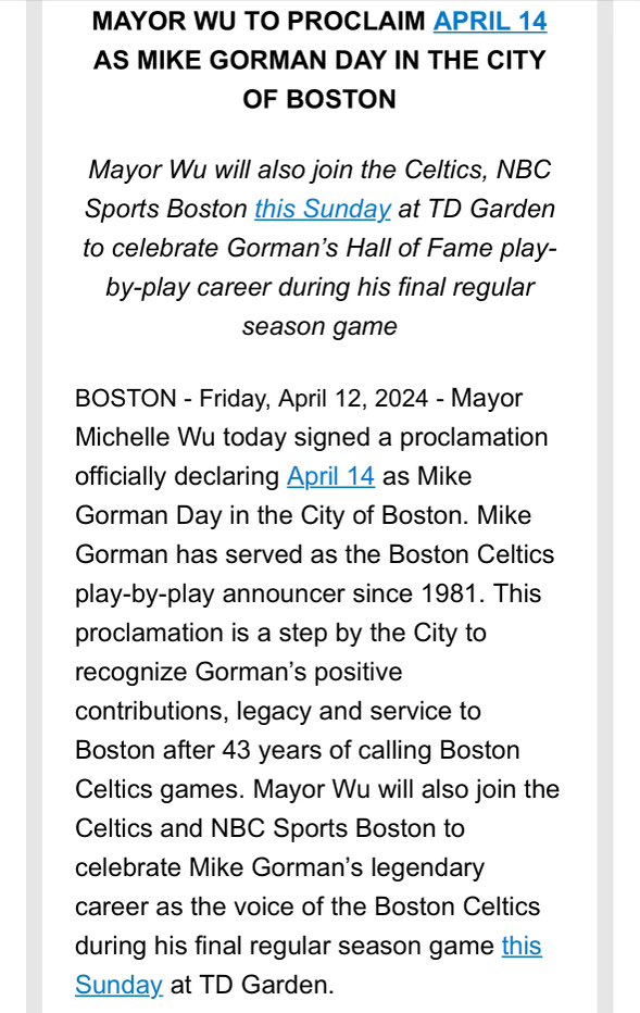 This is awesome. 

Mayor Wu is officially declaring April 14 Mike Gorman Day in the City of Boston.