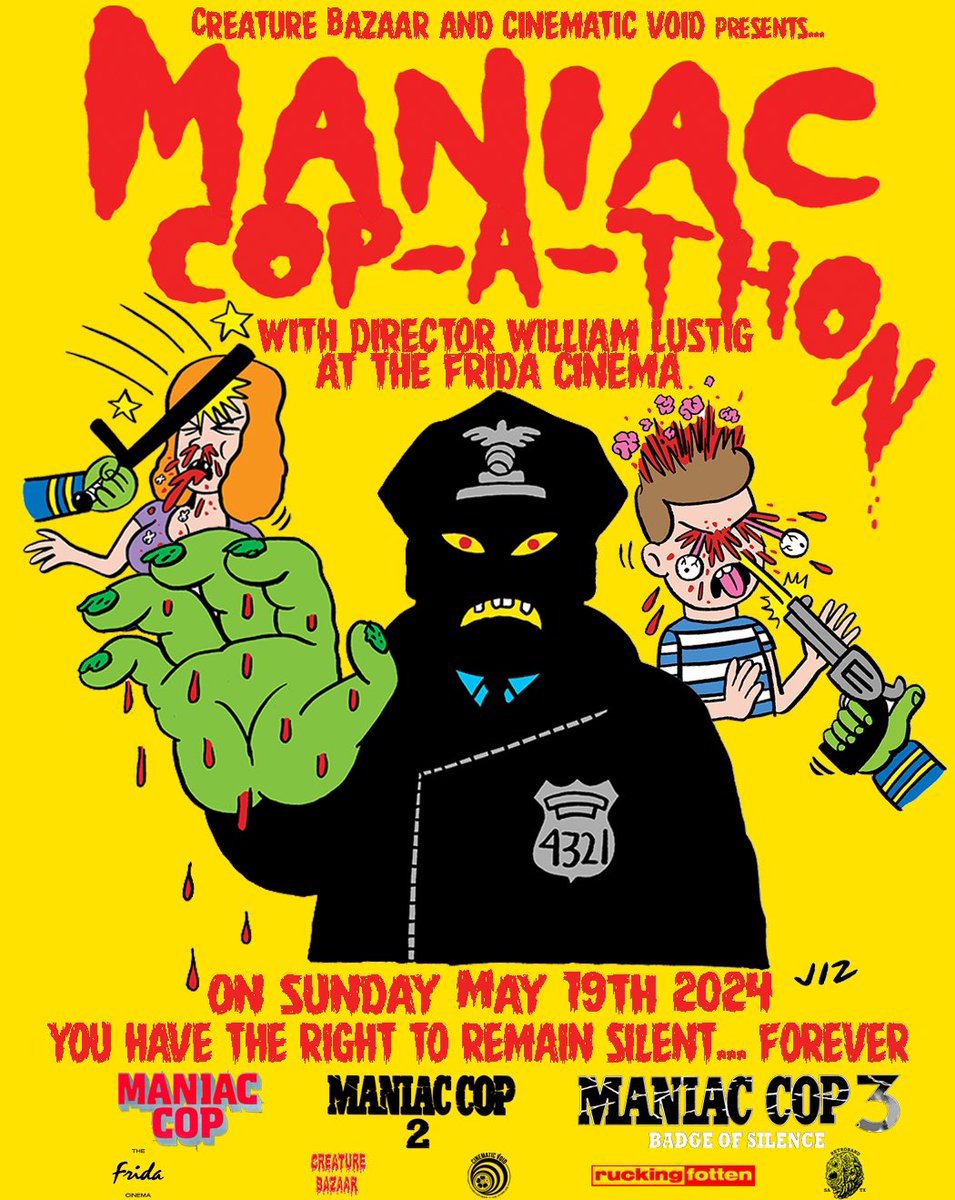 Sunday, May 19 @TheFridaCinema: Creature Bazaar & the Void present MANIAC COP-A-THON. We’ll be showing all three MANIAC COP films with director William Lustig of @blunderground in person. 3:00 PM start time. 🎟️: tinyurl.com/bk2aewd6