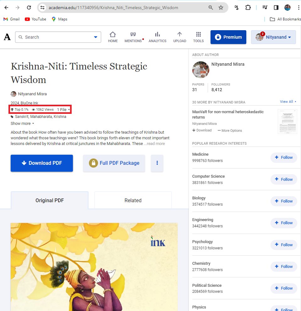 Within one day of its release, the 58-page free PDF sample of “Krishna-Niti: Timeless Strategic Wisdom” is among the top 0.1% of papers on academia.edu. 

If you have not read it yet, get it from academia.edu/117340956/

@KushagraAniket 
@BluOneInk 
@praveenBlu