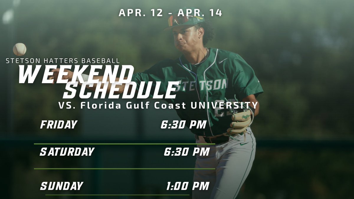 Huge weekend at home! 📍 Melching Field 🆚 @FGCU_Baseball 🎟️ bit.ly/3xwNqBE 📺 ESPN+ #GoHatters | #OwnTheMac | @StetsonHatters