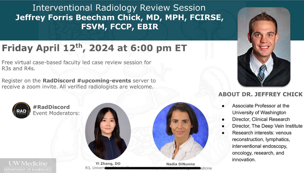 Interventional Radiology Review Session Jeffrey Chick, MD, MPH, FCIRSE, FSVM, FCCP, EBIR @CHICKVIR Friday April 12th, 2024 at 6:00 pm ET TODAY 🚨🚨🚨🚨🚨🚨