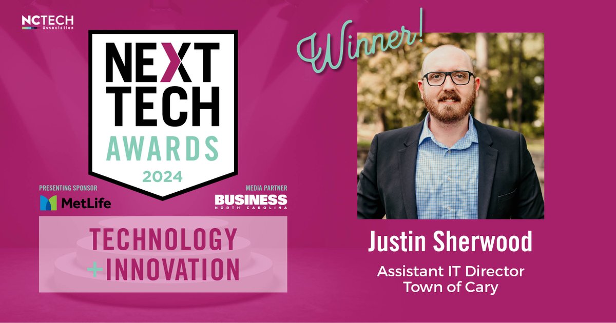 I am incredibly proud to announce <a href="/caryncgov/">Town of Cary, NC</a>'s  Assistant IT Director <a href="/J_sherwood/">Sherwood</a> has been recognized by <a href="/NCTA/">NC TECH Association</a>  as a Next Tech Award winner for Technology &amp; Innovation. 

I have the great fortune of working with Justin daily and can't speak highly enough about his work and his
