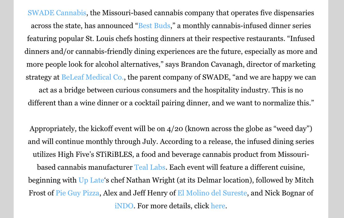 my friend #MitchMeyers and her crew at @BeleafMedical & #SwadeCannabis doing the kind of innovative things you'd expect. if you're in the #StLouis area, check it out: lnkd.in/gYt4g2it

#cannabis #food #PieGuyPizza #iNDO #TealLabs #UpLate #ElMolinodelSureste @stlmag_dining