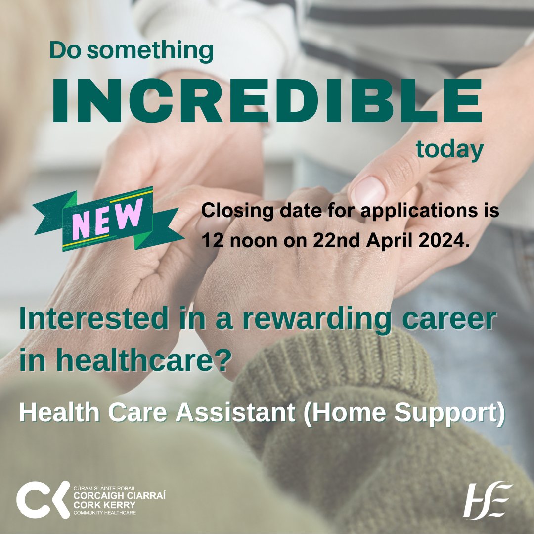 📢Cork Kerry Community Healthcare Vacancies - Healthcare Assistants ➡️Healthcare Assistants play an important role helping to support people live independently in their own homes - join our team today Application deadline April 22nd @ 12pm 🧑‍💻Apply here rezoomo.com/job/55172/