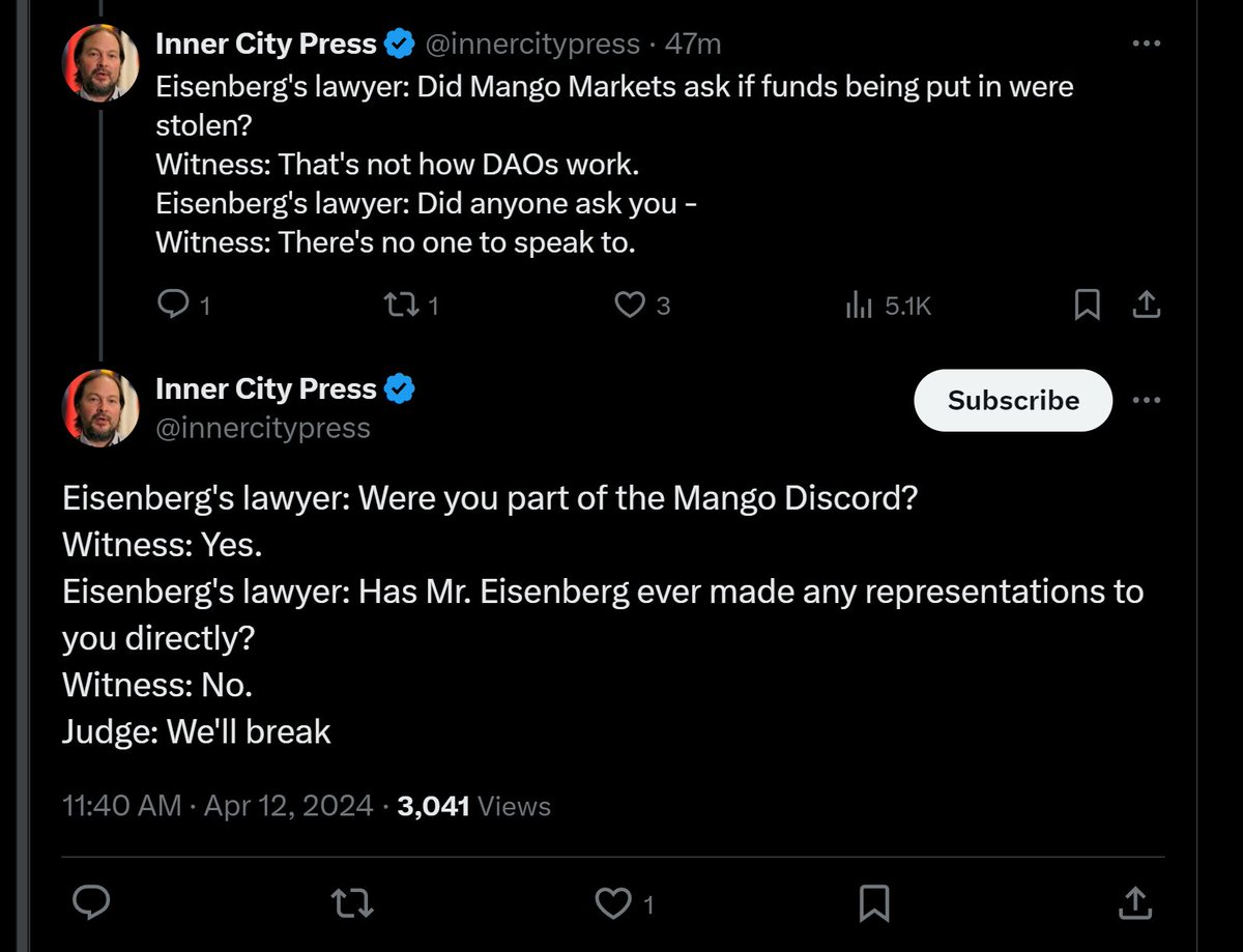 Avi Eisenberg's lawyers are doing a brilliant job this is cross-exam of a *prosecution* witness they are (correctly) portraying Mango Markets as a *machine*, rather than a counterparty--hence no fraud involved Avi might actually have a chance here