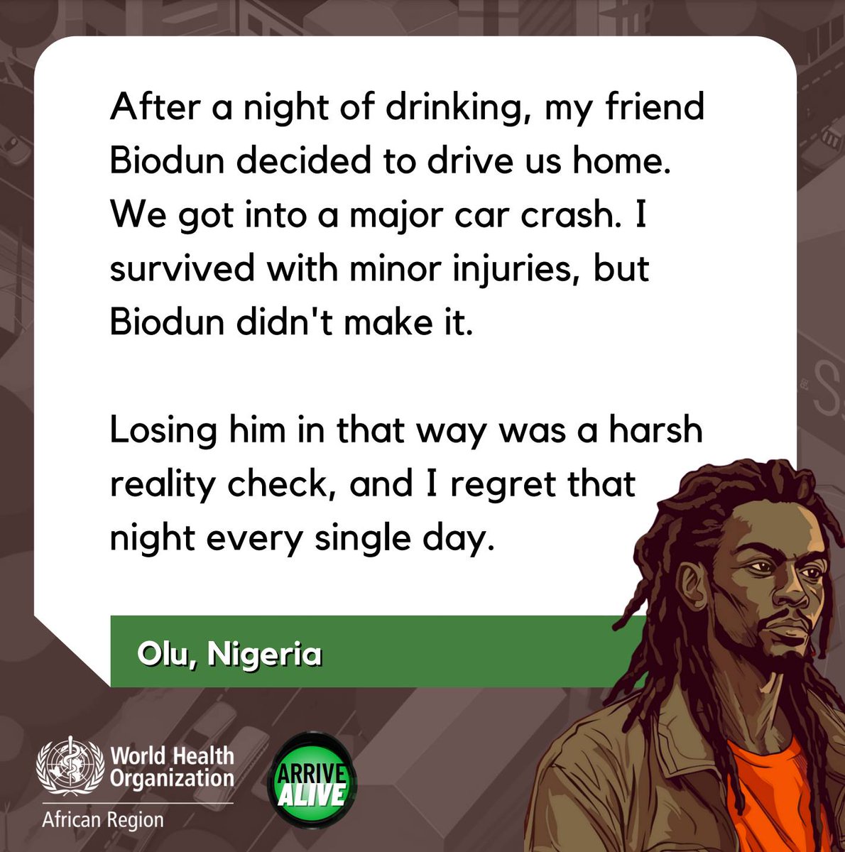 It's Friday—remember this: Drink-drivers are 17 times more likely to die in road accidents than non-drinkers.

Choose to #ArriveAlive.

Do not drink and drive.

Find out more ➡️ afro.who.int/ArriveAlive