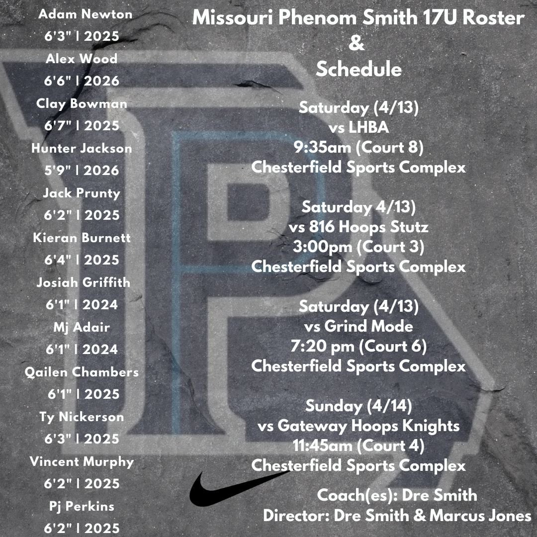 🚨🚨THIS WEEKEND‼️ 🏀 Missouri Phenom Smith 17U ➡️STL Showcase by Recruit Look 📍Chesterfield Sports Complex 📝Roster 🗓️Game Schedule ⬇️⬇️⬇️⬇️⬇️⬇️⬇️ @RL_Hoops @RL_HoopsMO @MidMOPhenom