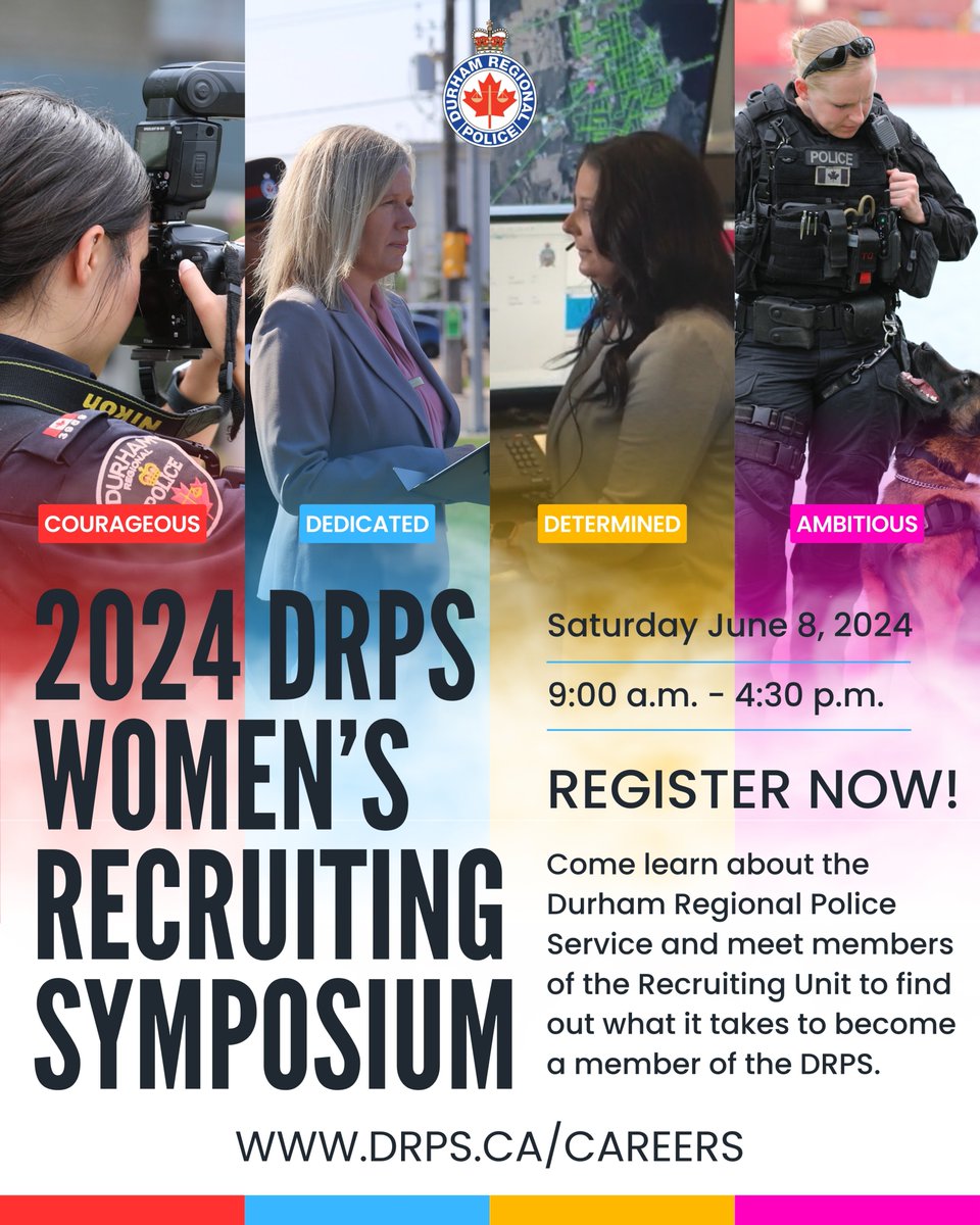 Are you a female interested in a career in law enforcement? @DRPS will be hosting our 8th annual Women's Recruiting Symposium, register now! Saturday, June 8, 2024 9:00 am - 4:30 pm Deadline to register: May 20, 2024 More info: drps.ca/news/2024-wome