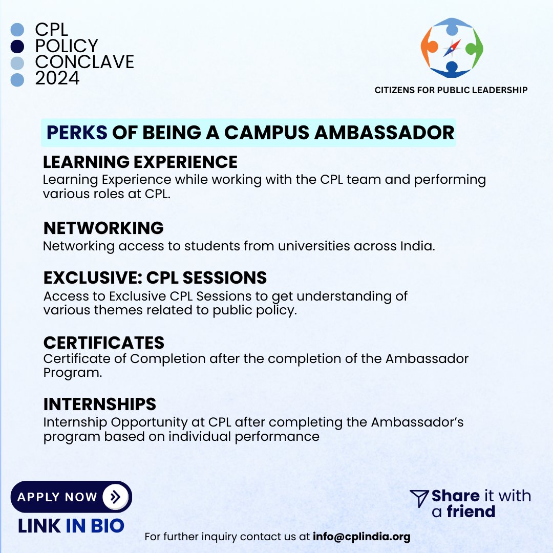 CPLFellows's tweet image. Take your passion for public policy to the next level by joining us as a #CampusAmbassador at the #CPLPolicyConclave2024 in Delhi. Gain experience, via networking, exclusive sessions, and Certificates too. 
Apply by April 20, 2024!

#campusambassadorprogram #cplpolicyconclave2024
