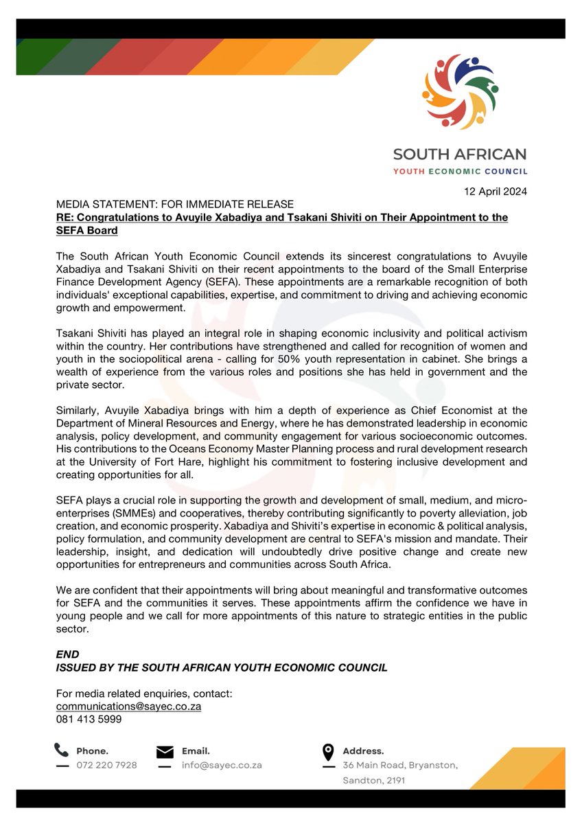 [MEDIA STATEMENT: Youth Appointments To The SEFA Board] SAYEC would like to congratulate @TsakaniShiviti and Avuyile Xabadiya on their appointments to the board of SEFA. The presence of youth leaders on boards such as these is critical to fostering inclusivity 🇿🇦