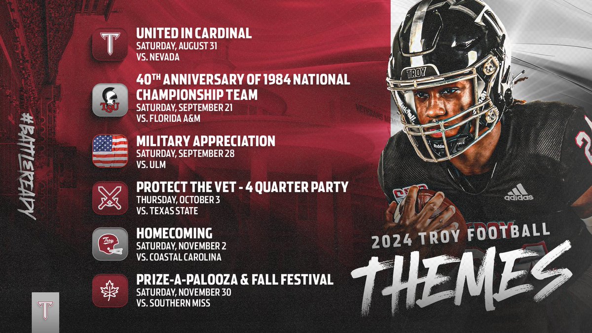 Game Themes are set for the 2024 season ... lock in your tickets today!

🎟️ - TroyTrojans.com/FBTickets

#BattleReady | #OneTROY ⚔️🏈