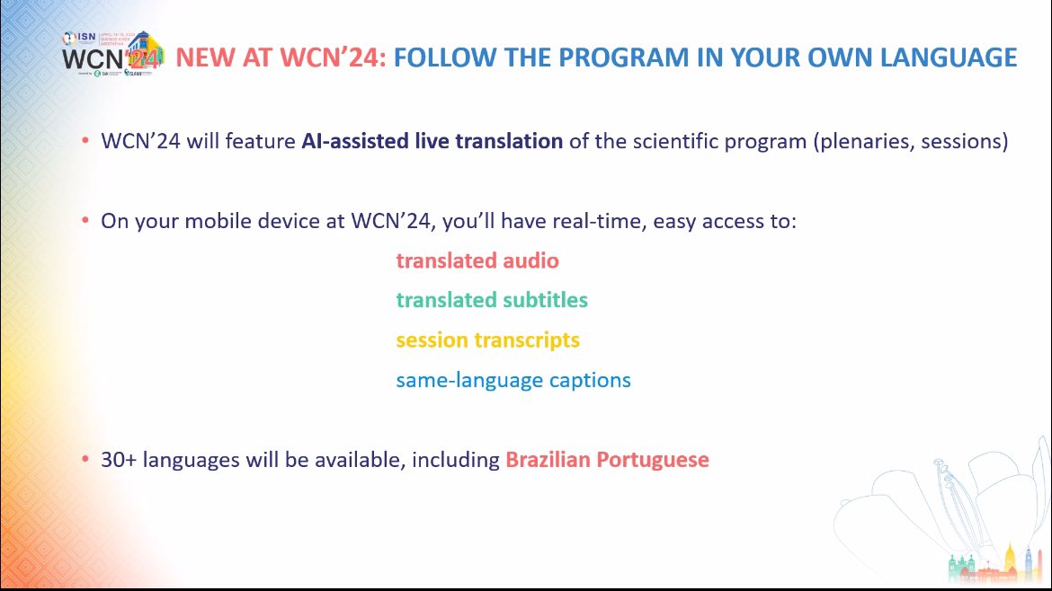 WCN’24 STARTS TOMORROW! CAN’T WAIT TO SEE YOU! Remember that you will be able to follow the in your own language don’t forget your headphones 🎧 and cellphone 📱 @ISNWCN #ISNWCN