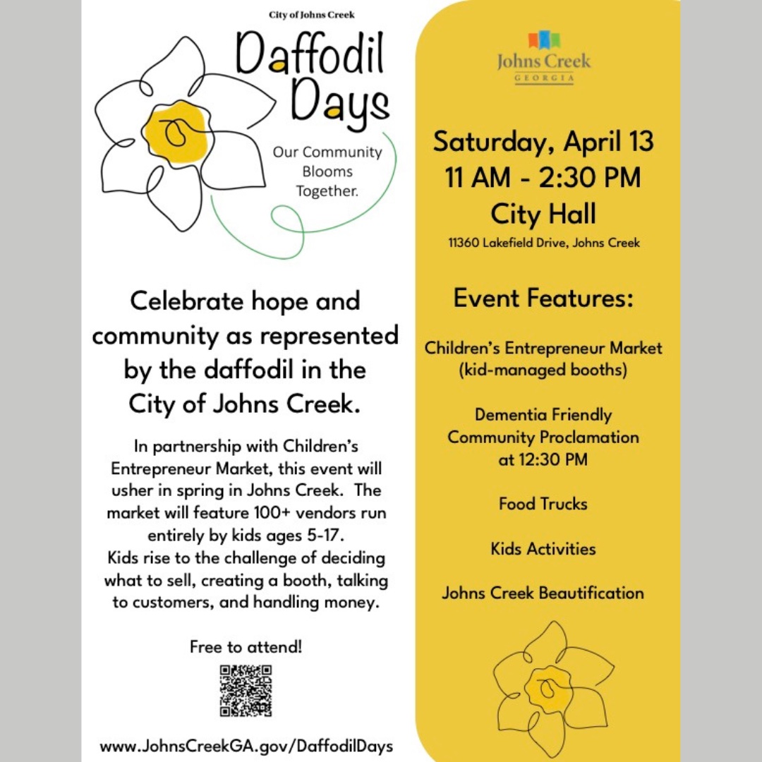 REMINDER: Johns Creek Daffodil Days event takes place TOMORROW! 

Join us tomorrow: April 13 from 11AM- 2:30PM at Johns Creek City Hall.

#daffodildays #dementiafriendly #johnscreek #vineyardjohnscreek