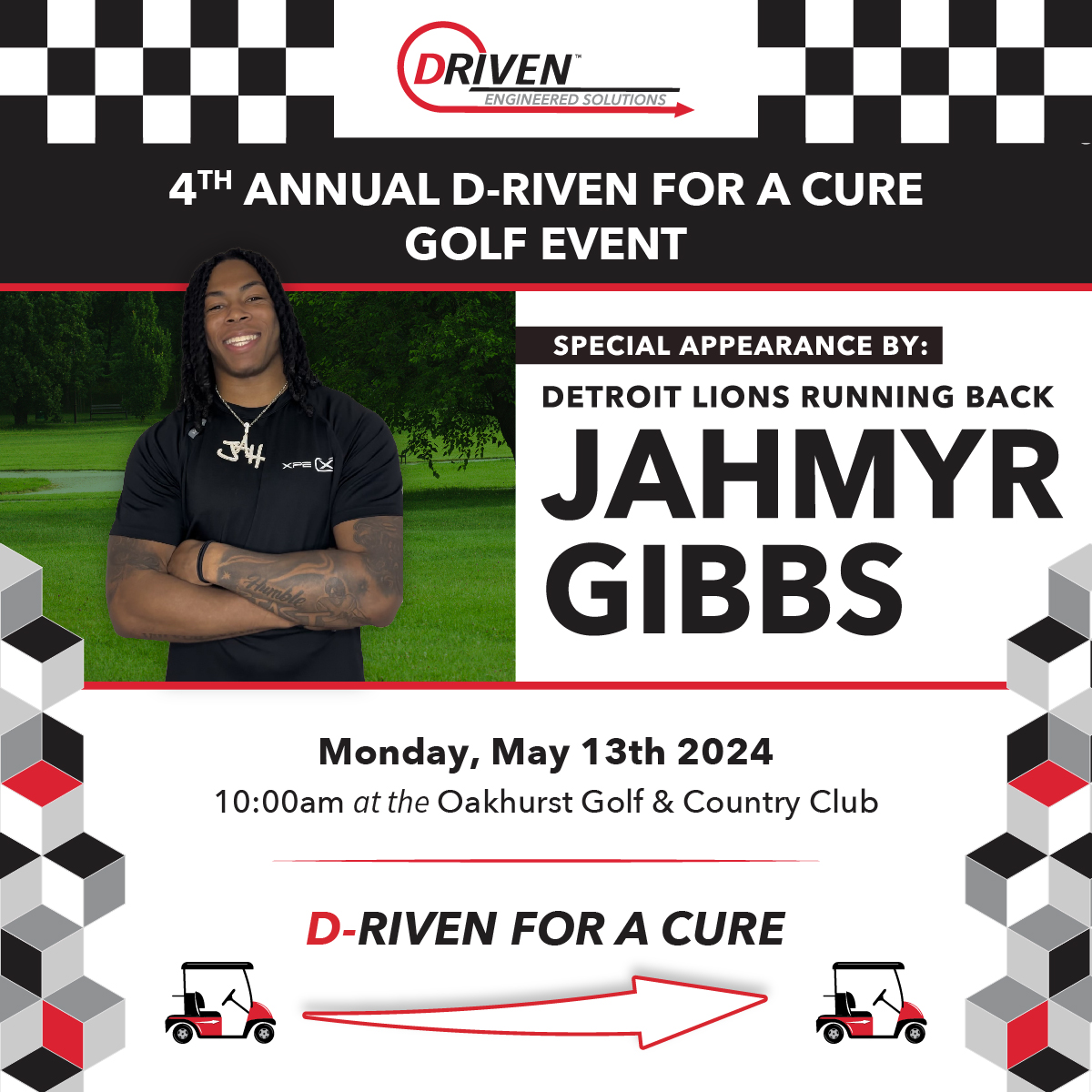DRIVENEngineer1's tweet image. We are thrilled to announce that Detroit Lions running back, Jahmyr Gibbs will be in attendance at the 2024 D-Riven for a Cure golf event to benefit JDRF!

To learn more about the event and to purchase tickets please visit:  eventbrite.com/e/4th-annual-d…