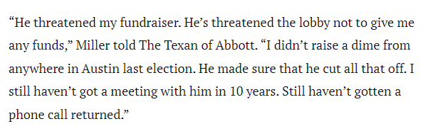 In an interview with @TheTexanNews about the Trump admin speculation, @MillerForTexas said @GregAbbott_TX 'threatened the lobby not to give me any funds.' #txlege More: thetexan.news/elections/2024…