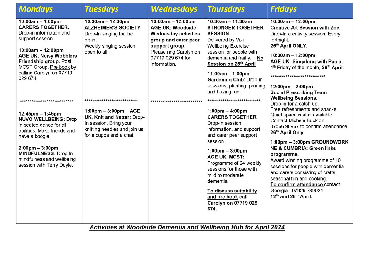 Woodside Dementia & Well-being Hub. April hub timetable