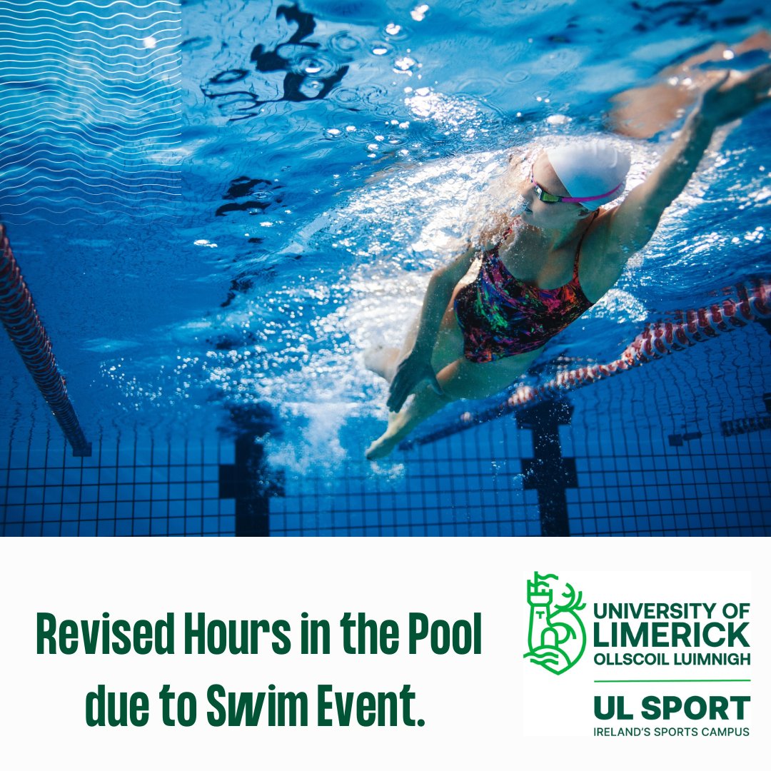 Due to the 50m pool hosting the Munster Canoe Polo on Sat Apr 13th & Pool Maintenance on Sunday Apr 14th, the 50m pool will close at 16:45 on both days. The 25m pool will be open for public swimming Sat Apr 13th & Sun Apr 14th from 17:00 -19:45. #ActiveAtULSport #Swimming