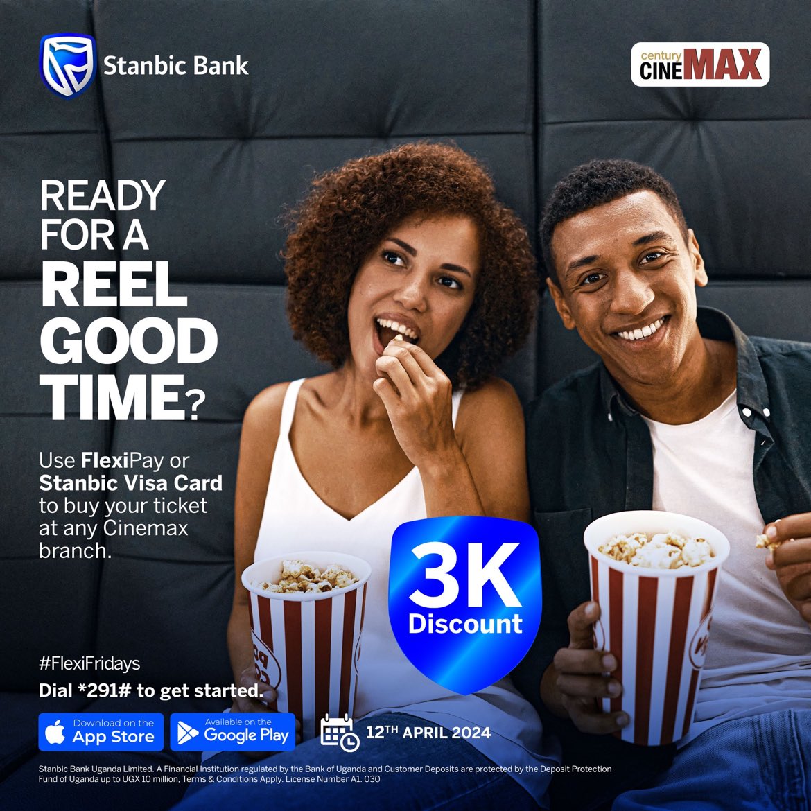 Today, all @cinemaxug locations have a special offer. Buy your tickets with Flexipay or Stanbic Visa Cards to get a UGX 3000 discount. Don't miss this great offer. Come and enjoy #FlexiFridays and see the savings for yourself.