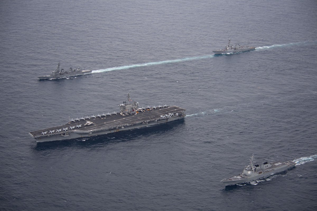 🌊Theodore Roosevelt Carrier Strike Group Trilateral Maritime Exercise⚓ Theodore Roosevelt Carrier Strike Group, Japan Maritime Self-Defense Force and Republic of Korea Navy with aircraft assigned to Carrier Air Wing (CVW) 11 sail and fly in formation for a trilateral exercise.