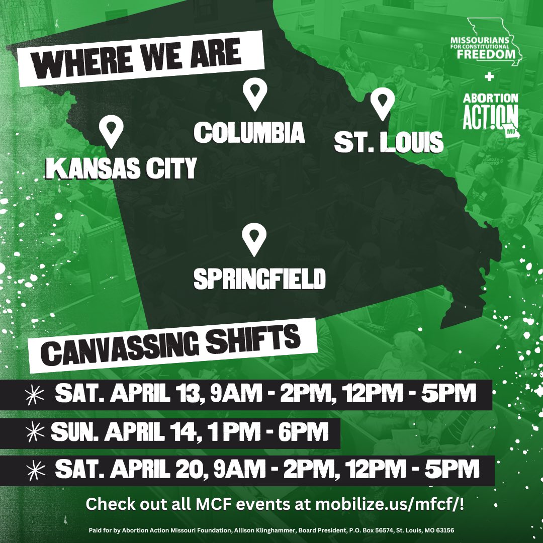 IT’S CRUNCH TIME! We are in the final days of the @Missourians4CF campaign to get abortion on the ballot and #EndTheBanMO! Don’t miss your chance to be a part of this Missouri grown movement! Catch AAM this weekend: mobilize.us/mfcf/