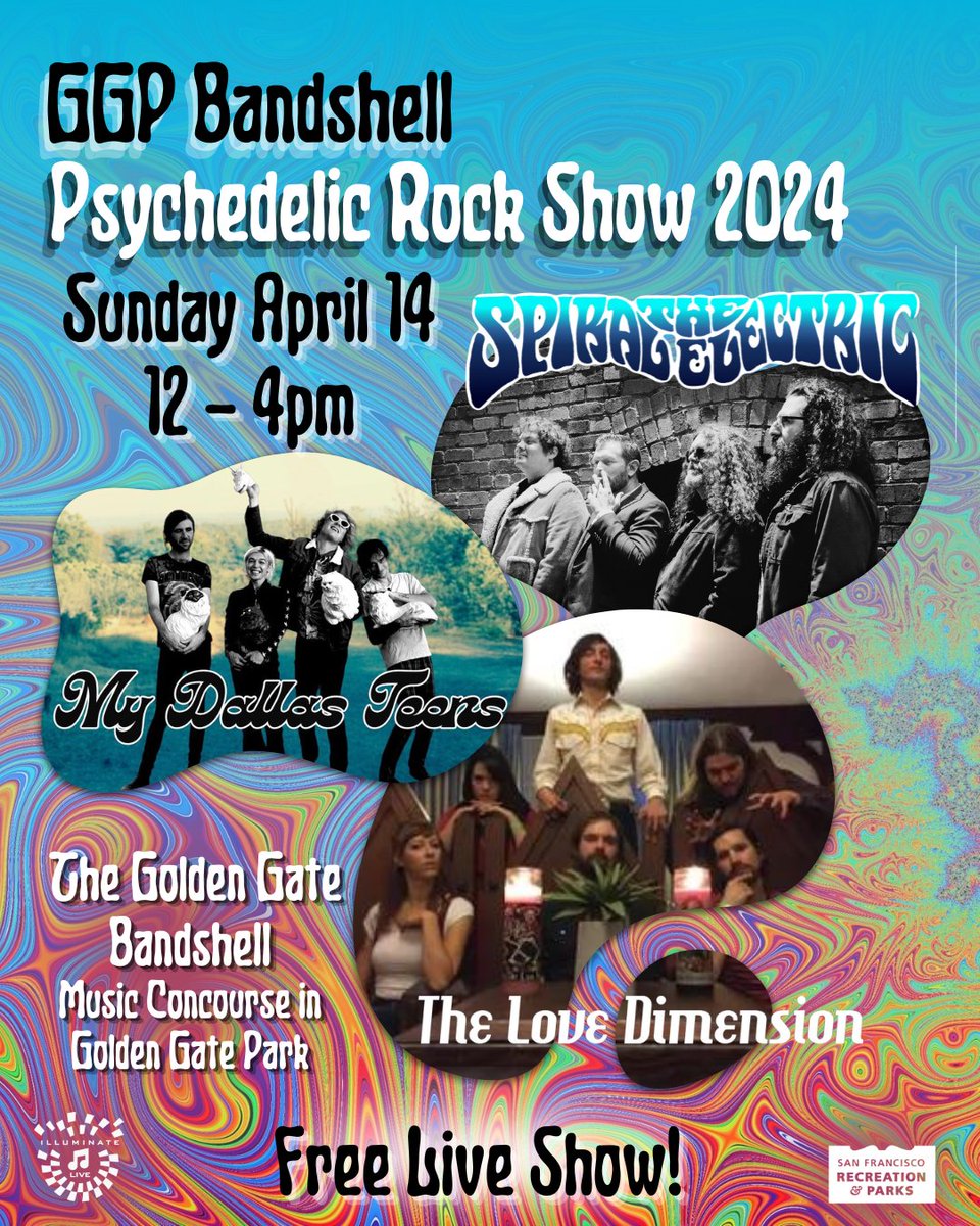 It's time to get groovy and let the music take you!

Join us at the Golden Gate Bandshell Sun 4/14 for a modern psychedelic rock show featuring:

@LoveDimension
@MyDallasTeens
@SpiralElectric

This show is free and all are welcome, we'll see you at the park!

@recparksf