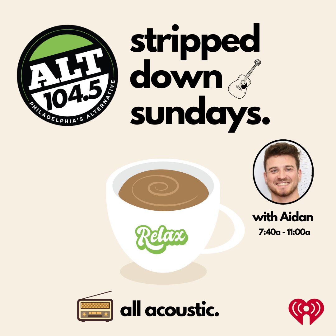 We're going all-acoustic up til 11a on Stripped Down Sundays with @aidanblanco 🌄 ☕️ featuring new music from @mitskileaks, @DeclanMcKenna, @Michaelmarcagi and @JohnVincentIII ➕ more favs from @MtJoyBand @Hozier, @maggierogers and many more😄 📻Tune in on the @iHeartRadio app!
