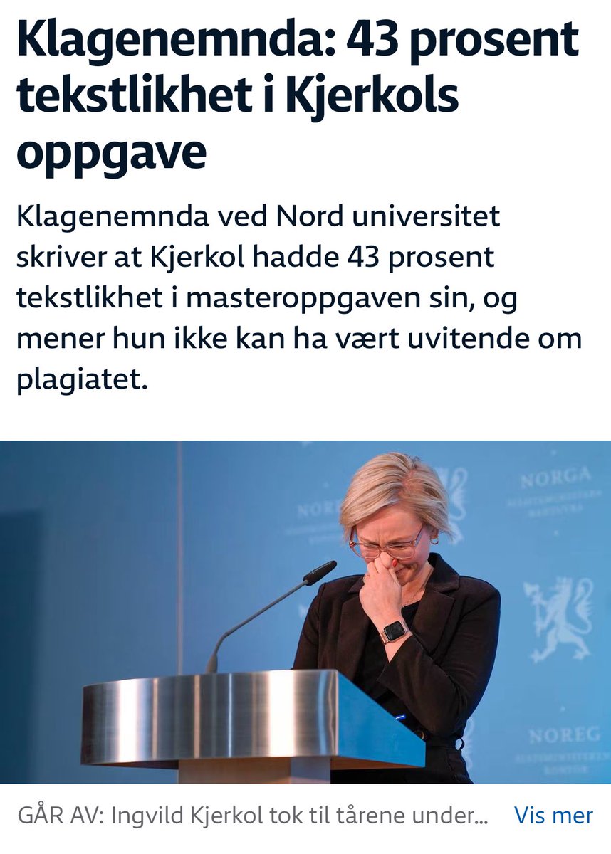 43 prosent. Det bør faen meg ikke være mulig. Tenk at hun sto der og hevdet at hun ikke hadde kopiert noe.