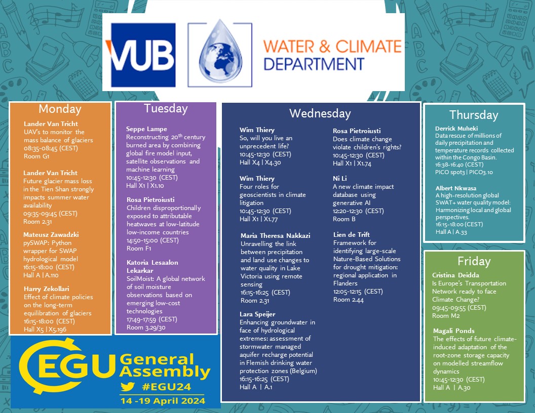 Don't miss the presentations of our awesome Water and Climate team at the #EGU2024, on #water and #climatesciences @hydr_vub @VUBrussel @VUBEngineering @EuroGeosciences