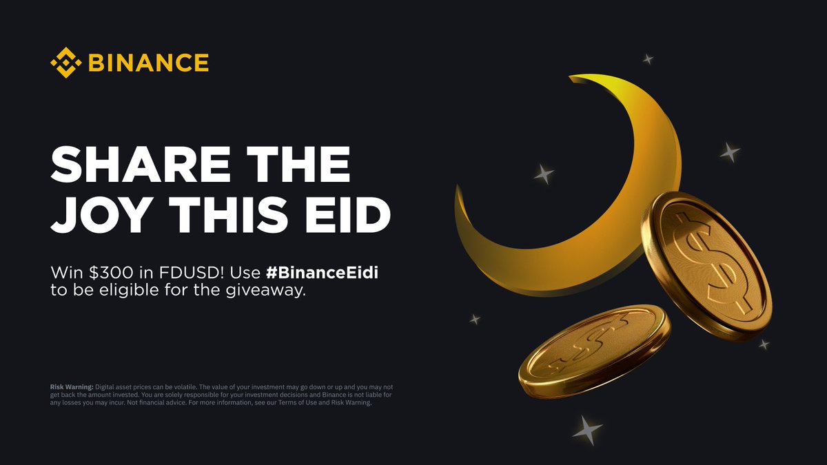 Eid Mubarak! Let's celebrate with the Binance Eidi giveaway.

Here's how to join:
🔸 Like the post & follow @BinancePk 
🔸 Retweet & tag 2 friends
🔸 Share your Eid plans below using #BinanceEidi!

10 winners get 30 FDUSD each.