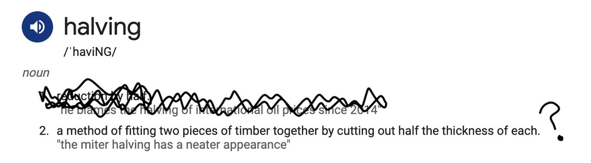 I'm right, yall are wrong. halving is a noun associated with cutting timber? halvening is a verb to divide into two halves. 🤭