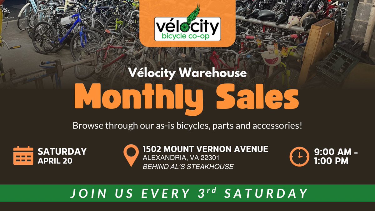 📌 Happening next Saturday, April 20. Visit our warehouse to browse through our as-is bicycles, parts and accessories. #BikeVA #BikeDC