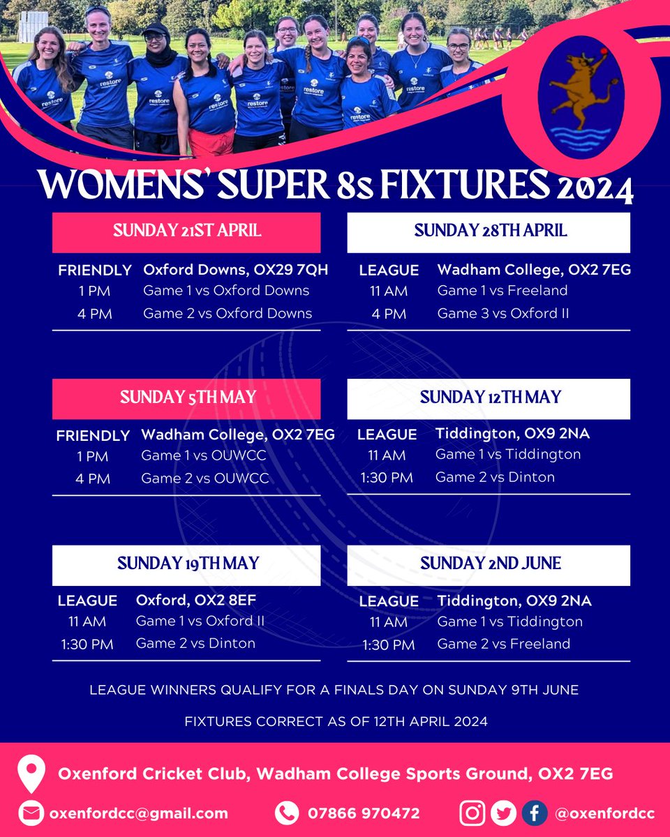 We are so excited about the new @HomeCountiesWCL Super 8s (pairs cricket) season!

We are looking for new players to join the squad. We welcome players of all abilities including beginners

#womenscricket #cricketinoxford #thisgirlcan