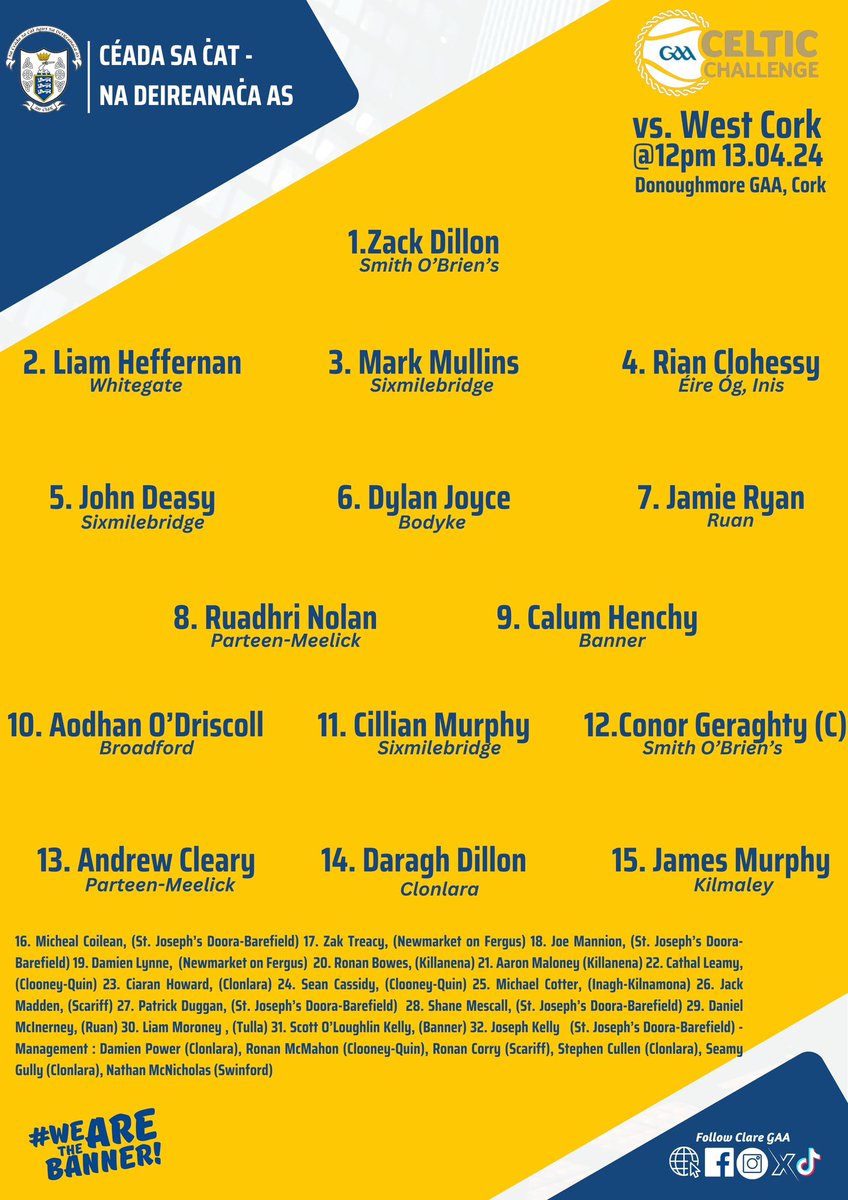 Clare take to the road to Donoughmore in Cork where they will face West Cork in the #CelticChallenge U17 Hurling Tournament tomorrow . Best of luck to team and management ! 🟡🔵🟡