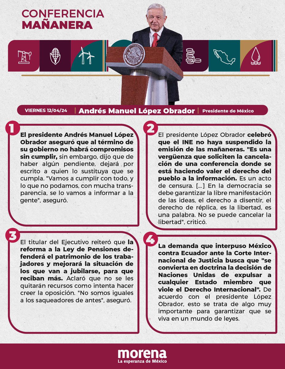 El presidente López Obrador aseguró que al término de su gobierno no habrá compromisos sin cumplir, sin embargo, dijo que de haber algún pendiente, dejará por escrito a quien lo sustituya, que se cumpla. Como se lo prometimos al pueblo, vamos a cumplir con todo, y lo que no…