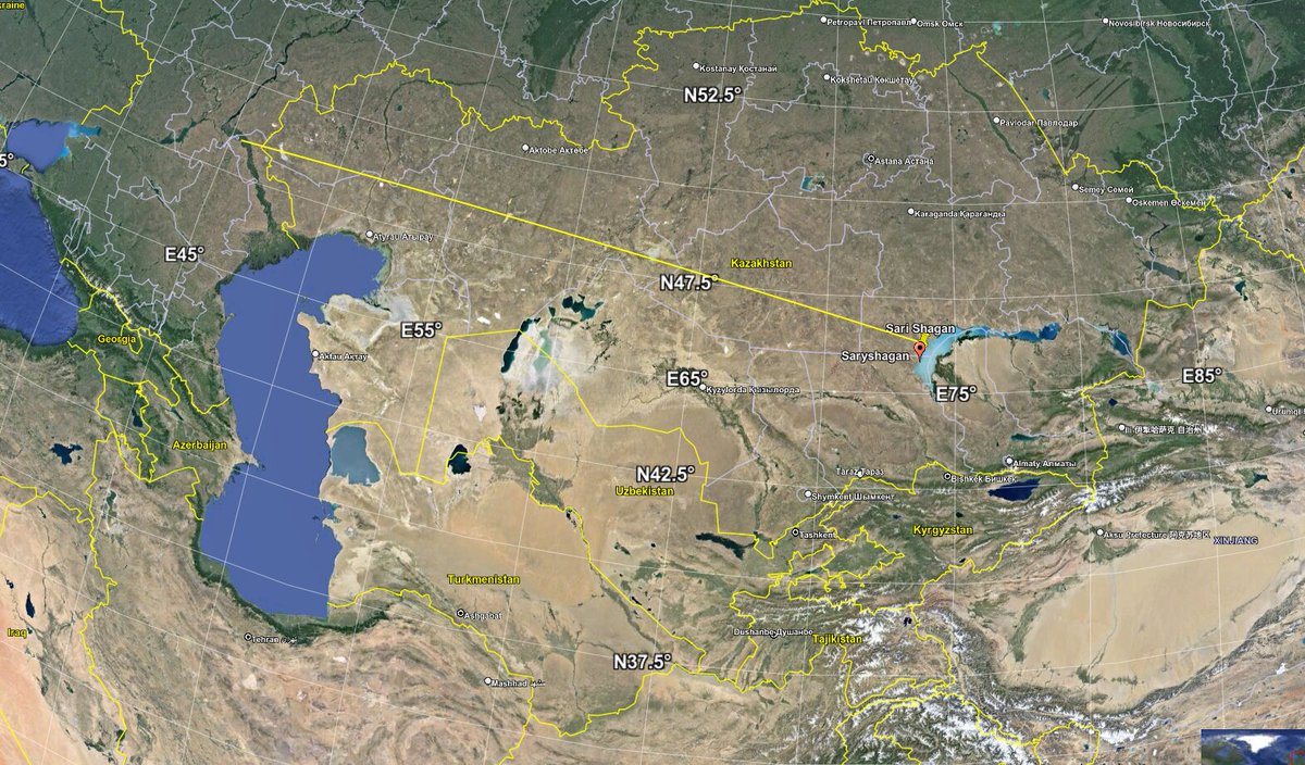LAUNCH of a suborbital missile test from GTsMP-4 (Kapustin Yar) near Volgograd in Russia to the GNIIP-10 range at Sary Shagan, Kazakhstan at about 1600 or 1630 UTC Apr 12. Apogee at least 1000 km, observed widely across the Middle East. Yellow straight line shows approx path