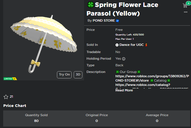 🟣 Nuevo UGC Gratis EN EXPERIENCIAS: 'Spring Flower Lace Parasol (Yellow)'
🕹 Experiencia: 'Dance for UGC' de @lily_pondstore 
🛒 Stock: 500 ⚠
Ⓜ Reclamar por 4.000.000 de puntos
➡ roblox.com/games/15792006…

🥰 AYUDAS RT
✨ Código: 'ShiningBright' - 35.000 puntos más