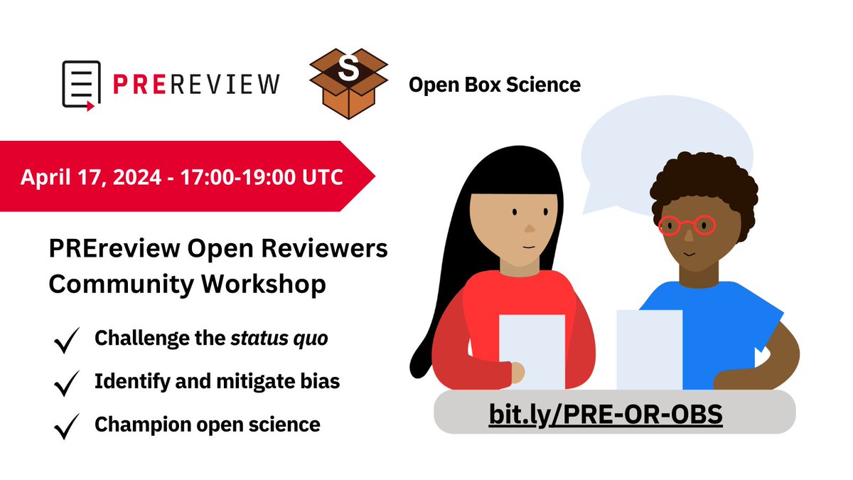 PREreview (@prereview_) on Twitter photo 📢 #OpenReviewers FREE Workshop Alert!
Join us and <a href="/OpenBoxSci/">Open Box Science</a> for our Community Open Reviewers 2h workshop on April 17 at 5pm UTC.
Register today: bit.ly/PRE-OR-OBS 📢 #OpenReviewers FREE Workshop Alert!
Join us and <a href="/OpenBoxSci/">Open Box Science</a> for our Community Open Reviewers 2h workshop on April 17 at 5pm UTC.
Register today: bit.ly/PRE-OR-OBS