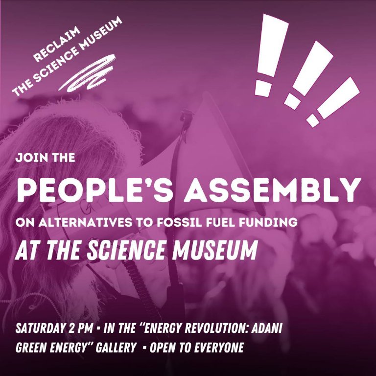 Agree with us? Join us at the gallery 2pm tomorrow (13/04) for a people's assembly discussing alternatives to toxic sponsorship at the @sciencemuseum. Cultural institutions across the country and internationally have cut ties with fossil fuel companies. We know it is possible! 5/