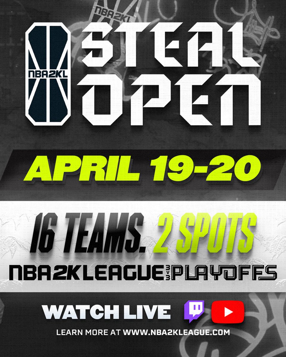 16 Teams 👀 2 3v3 #NBA2KLPlayoffs Spots 🍿 The STEAL OPEN is ONE WEEK away! 💻: Twitch.tv/nba2kleague Learn more: nba2kleague.com