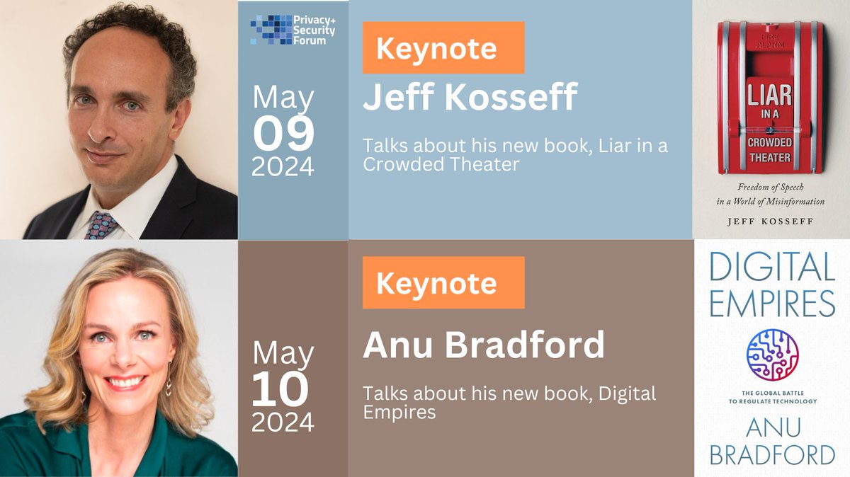 Two terrific keynotes for the Privacy+Security Forum (May 8-10, 2024 in Washington DC). Jeff Kosseff and @anubradford - Join us for 50+ sessions, 800+ participants. privacysecurityacademy.com/psf-24-spring-…